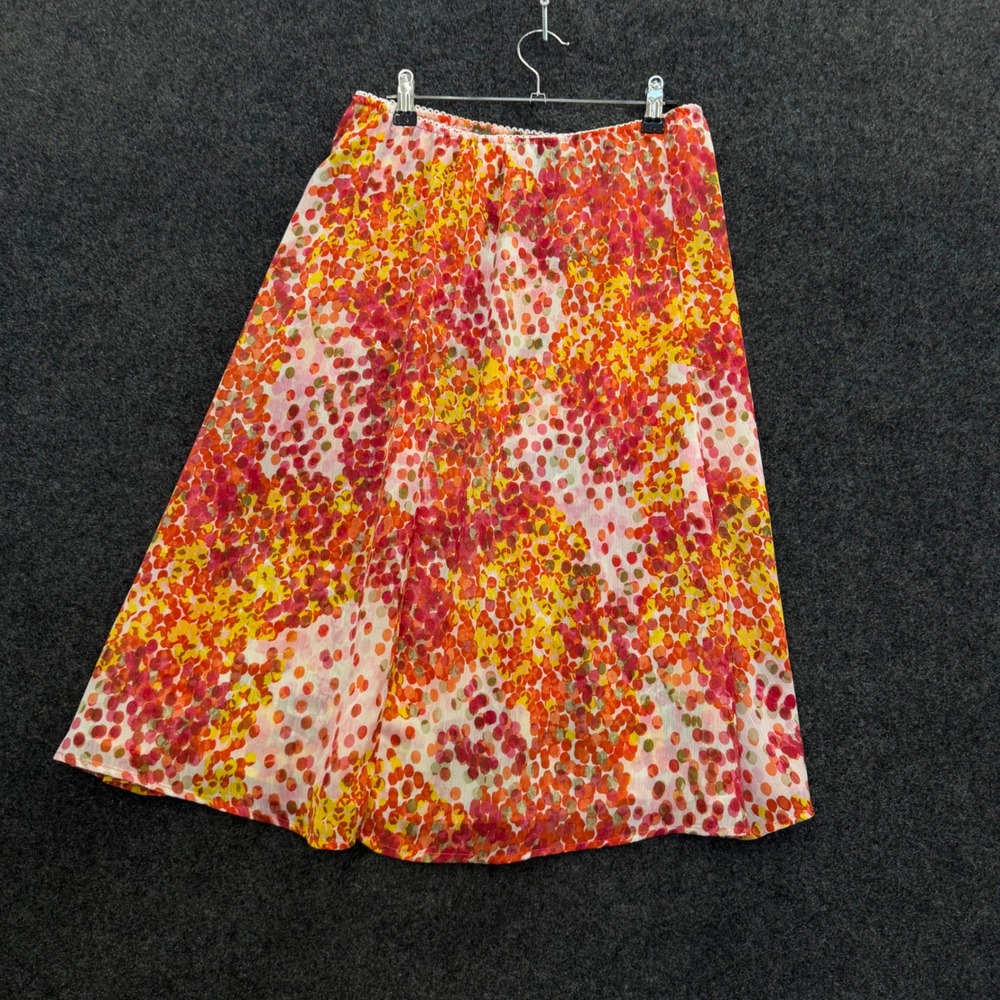 Orange Red Abstract Dot Print Midi Skirt with Lace Trim Waistband